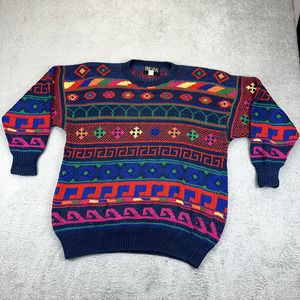 Pavo Real Blue Pink Multicolor Artsy Textured Hand Knit Pima Cotton Sweater XL